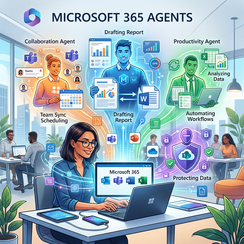 Illustration showing Microsoft 365 AI agents for collaboration, drafting reports, productivity, and data protection assisting a user on a laptop.