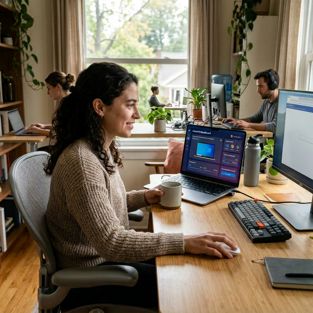 Woman sitting at a desk with a laptop and a desktop monitor, holding a coffee mug